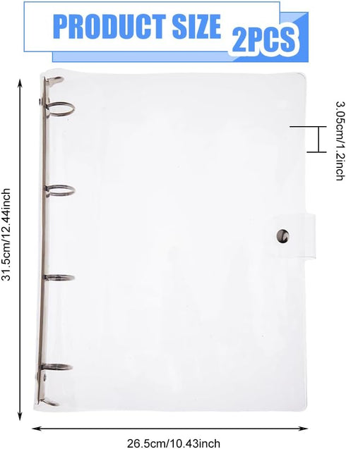 SUPERFINDINGS 2PCS Clear A4 Notebook Binder, PVC Plastic Covers, 4 Rings, Loose Leaf Binder, 12.4x10.4x1.18inch