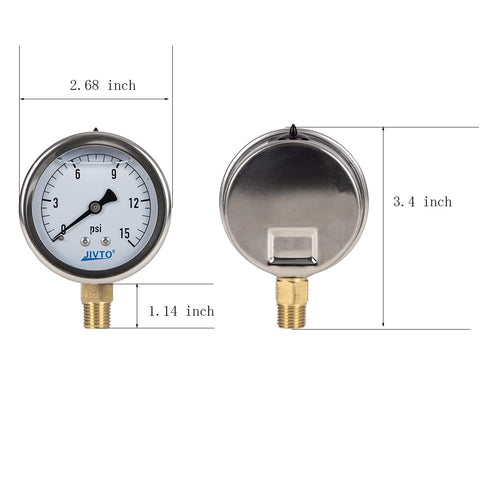 Liquid Filled Pressure Gauge, 2-1/2" Dia, 0-15 Psi, 1/4" NPT Lower Mount