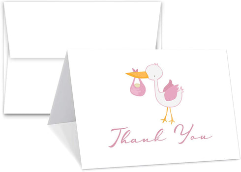 Baby Girl Pink Stork Thank You Greeting Cards, 25 Pack with Envelopes, Baby Shower Invitation Celebratory Gift Cards –