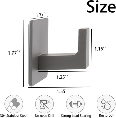 Bath Towel Hooks, 6 Pack Self Adhesive Square Coat Hooks, Sturdy No Drilling Robe Hook, Stainless Steel Heavy Duty Clothes Hanger, Wall Hooks for Bathroom Bedroom Kitchen (2 in, Grey) by Vanloory