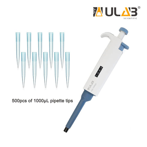 ULAB Single Channel Pipettor with 1pc Adjustable Volume Micro Pipette and 500pcs Tips, Blue Color