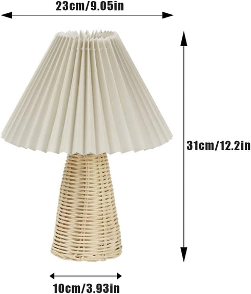 Tiiyee Small Table Lamp, Pleated Table Lamp Bedside Night Lamp with Rattan Base Fabric Pleated Lampshade Vintage Design