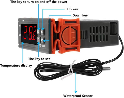 Digital LCD Temperature Controller 10A DC 24V Thermostat STC-1000 with 1m NTC Sensor, Heater Cooler Regulator