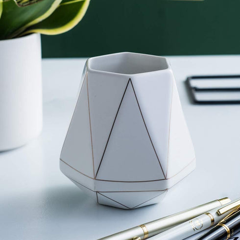 White Ceramic Desk Cute Pen Holder Stand, Gold Line Pencil Cup Pot Organizer for Makeup Brushes