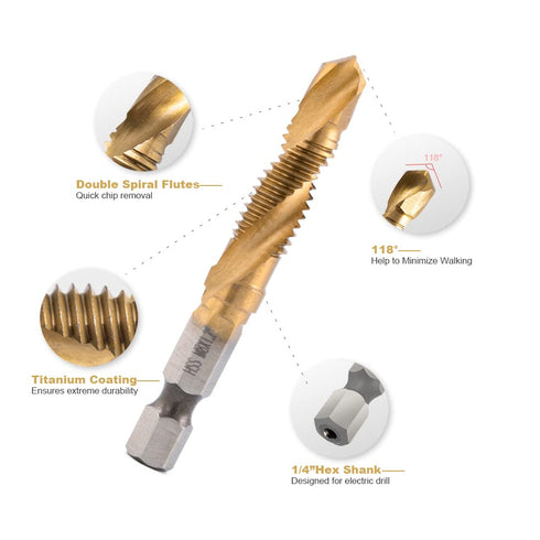 Titanium Combination Drill and Tap Bits Set, 6 PC Metric Screw Taps, 3-in-1 Bit Tool for Drilling, Tapping, and