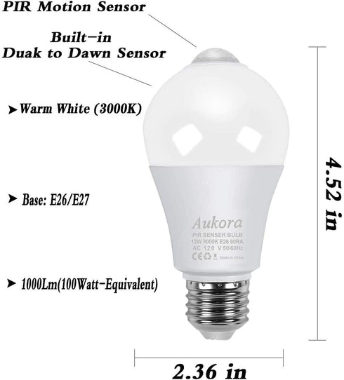 Bulbs 4-Pack, 12W (100-Watt E26 Bulb Closet(Warm Aukora Motion Sensor Light Equivalent) Motion Activated Dusk to Dawn