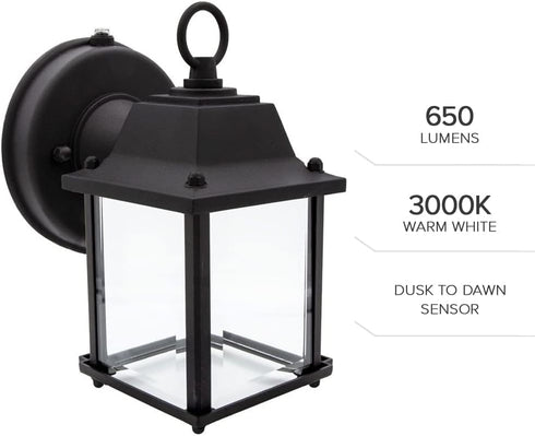 3000K 650 Maxxima LED Porch Lantern Outdoor Wall Light - Features Clear Glass, Warm White, Lumens, Dusk to Dawn