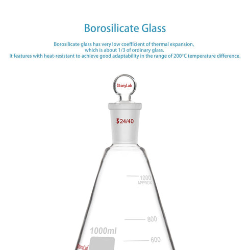 stonylab Glass 24/40 Erlenmeyer Flask with Stopper, 1000 ml Borosilicate Glass Heavy Wall Flask