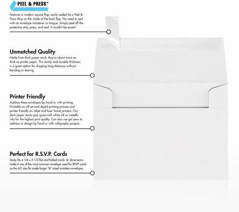LUXPaper A2 Invitation Envelopes, Peel & Press, 4 3/8" x 5 3/4", White, 24lb. Text, 50 Qty