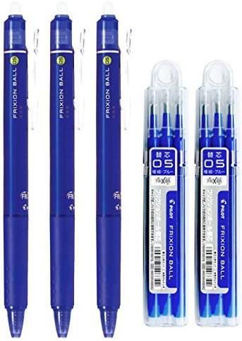 Pilot FriXion Ball Knock Retractable Erasable Gel Ink Pens, Extra Fine Point 0.5mm, Blue Ink, 3 Pens & 6 Refills Value Set