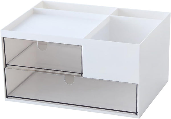 Desk Drawer Organizer, White Storage Box with 2 Drawers and 4 Compartments for Multifunctional Desk Accessories