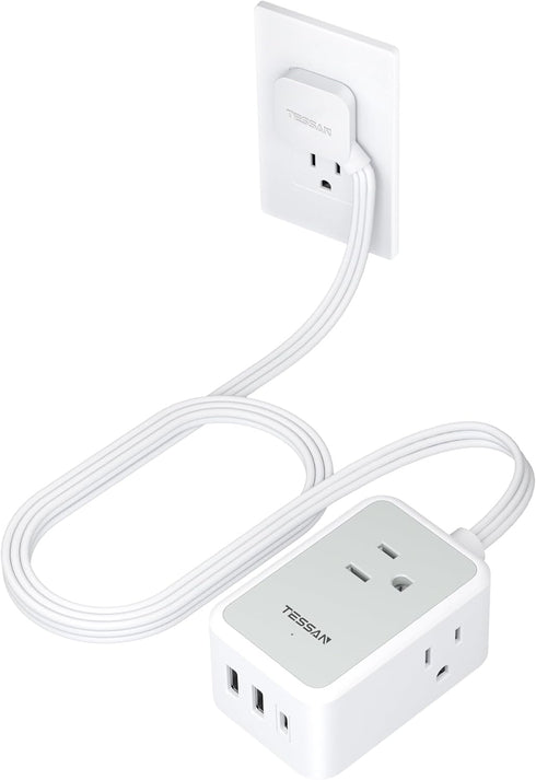 TESSAN Small Flat Plug Power Strip, Ultra Thin Extension Cord with 3 USB Wall Charger, 3 Outlets Mini Charging Station