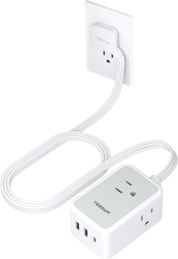 TESSAN Small Flat Plug Power Strip, Ultra Thin Extension Cord with 3 USB Wall Charger, 3 Outlets Mini Charging Station