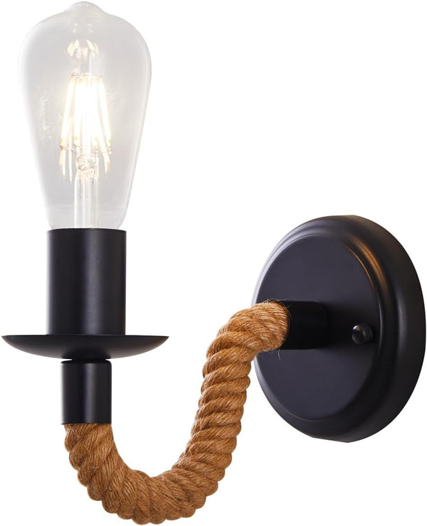 KUAUGST Black Rustic Wall Sconces, Retro Industrial Wall Lamps, Hemp Rope Wall Lamp,