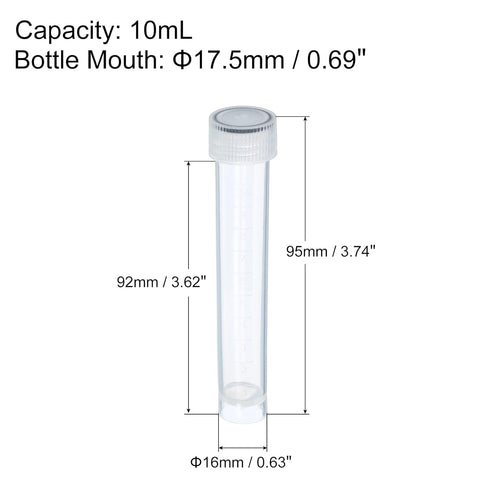 PATIKIL 10mL Plastic Test Tubes, 50 Pack Frozen Container Storage Clear Screw Cap for Lab Laboratory Science, Clear