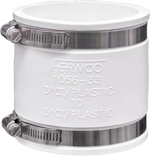 Fernco 1056-33 3-in. Flexible PVC Pipe Coupling for Cast Iron and Plastic Plumbing Connections, White