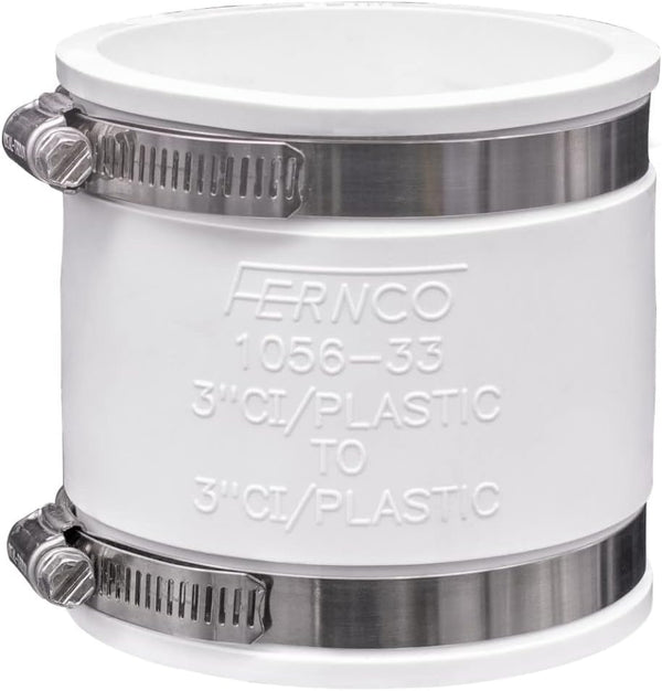 Fernco 1056-33 3-in. Flexible PVC Pipe Coupling for Cast Iron and Plastic Plumbing Connections, White