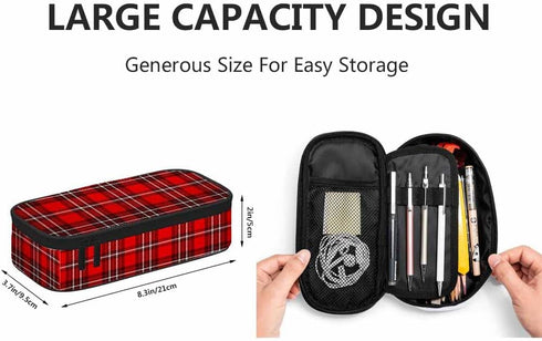 Plaid Check Pencil Pouch Scottish Tartan High Capacity Pencil Case Stationary Bag Cosmetics Bag Red White