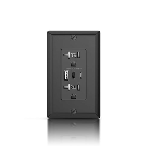 USB Outlet Receptacle, 20 Amp Duplex Tamper-Resistant Plug, Black Modern Wall Outlet with 3 USB Ports, 30W