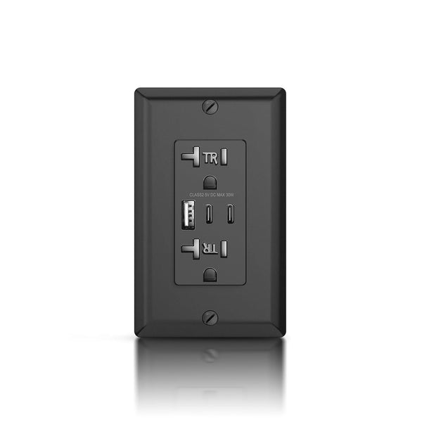 USB Outlet Receptacle, 20 Amp Duplex Tamper-Resistant Plug, Black Modern Wall Outlet with 3 USB Ports, 30W