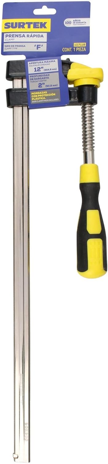 Bar Clamp 12" F-Clamp with Ergonomic Handle & Push-Button Adjustment - Model 107118