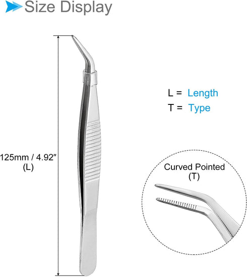 Tweezers, 125mm Length, Stainless Steel Curved Pointed Serrated Tip Tweezer - (Applications: for Mechanical Equipment Product Repair), 2-Pieces