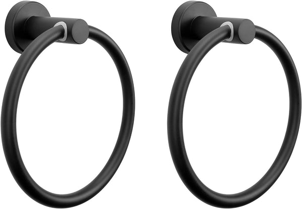 NearMoon Bath Towel Ring, Modern Round Wall Mounted Hand Towel Holder, Thicken Stainless Steel, Matte Black, 2 Pack
