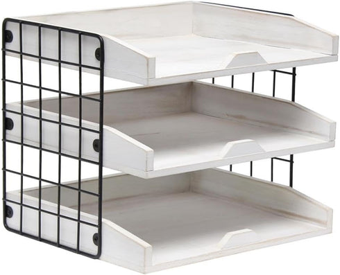 Elegant Designs HG1022-WWH Wood Desk Organizer, Home Office Mail Letter Tray with 3 Shelves, White Wash