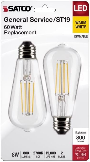 2 Pack Satco S21870 8 Watt ST19 LED Bulb, Clear, Medium Base, 2700K, 800 Lumens