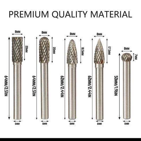 5pcs 1/4" Shank Diamond Burr Bits Set for Rotary Tool, 6x8mm Tungsten Carbide Files for Woodworking/Carving