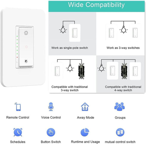 Dimmer 3-Way/Single (3-Way Dimmer 1-Pack) Nexete Smart Wi-Fi Switch, Dim Lighting from Anywhere, in-Wall, Pole No Hub