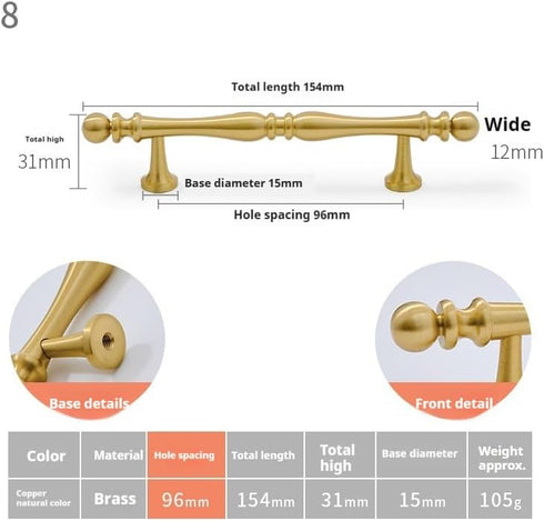 PIYYQNY 2 Pack 96mm/3.8in) Drawer Pulls Knobs for Dresser Drawers Gold Solid Brass Drawer Handle Kitchen Cabinet Handle