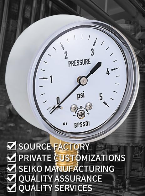 0-5 Psi Low Pressure Gauge, 2-1/2" Dial Size, 304 Stainless Steel Case, 1/4" NPT Lower Mount for Water Air Tire Test