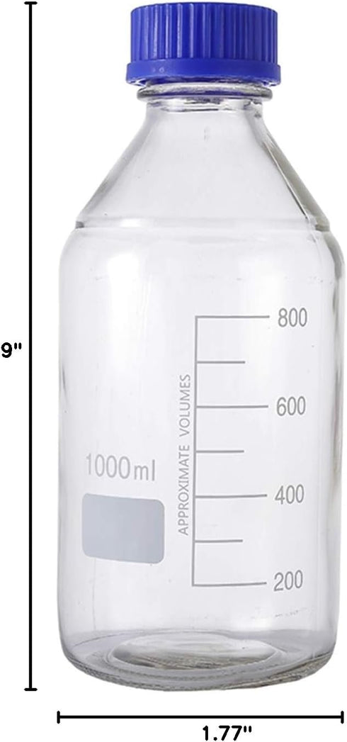 Moonetto 4 Pieces 1000ml Graduated Round Media/Storage Glass Bottles with GL45 Blue Polypropylene Screw Cap