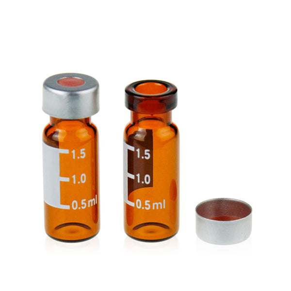 2 ML Autosampler Vial - Amber 11 mm Wide Opening Crimp Top Vial, GC Vial with Graduation, 100pcs Aluminum Silver Seals