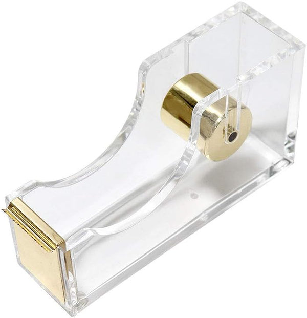 Multibey Clear Acrylic Gold Desktop Adhesive Tape Dispenser Cutter with Tape, Office School Gift Idea