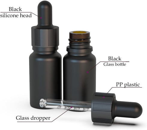 10ml 1/3 oz Container(Pack 12) Black Coated Glass Bottle with Glass Eye Dropper, Capacity,UV Safe Bottles for Essential