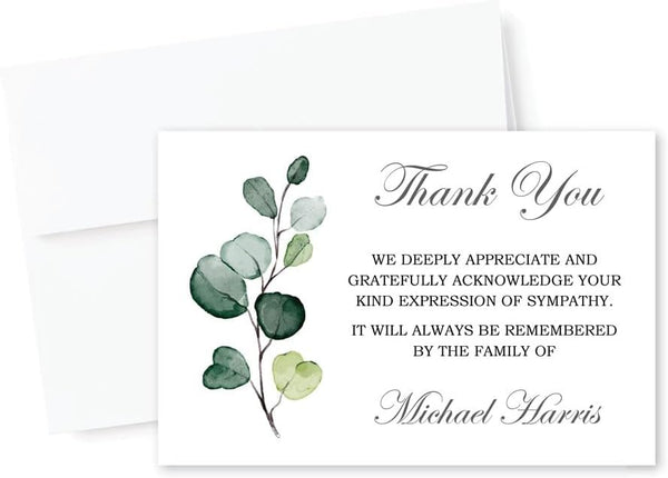 All Ewired Up Personalized Greenery Funeral Thank You Cards, Sympathy Acknowledgement Cards, Eucalyptus, Sage, Masculine,
