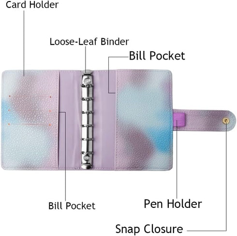 Purple PU Leather Budget Binder Cover, A7 6-Ring Money Organizer, Refillable Loose Leaf Receipt Notebook with Pockets