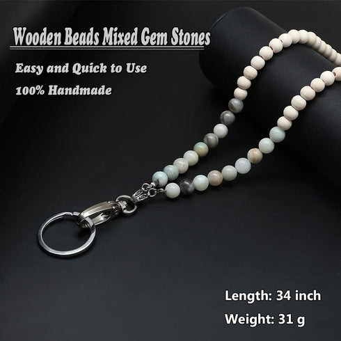 C&L Accessories Lanyards for ID Badges, Beaded Wooden Natural Stone Lanyard for Keys and Eyeglasses Chains (Amazonite