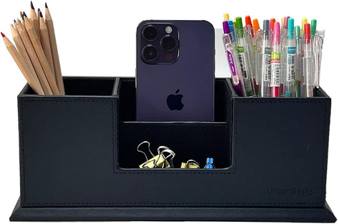 UnionBasic Black Desk Organizer - Leather Multi-Compartment Pen Holder for Office Stationery Organization