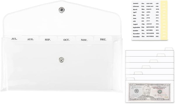 NatSumeBasics Cash Envelope Wallet, Clear Budget Wallet with 6pcs Money Dividers and Tab Stickers
