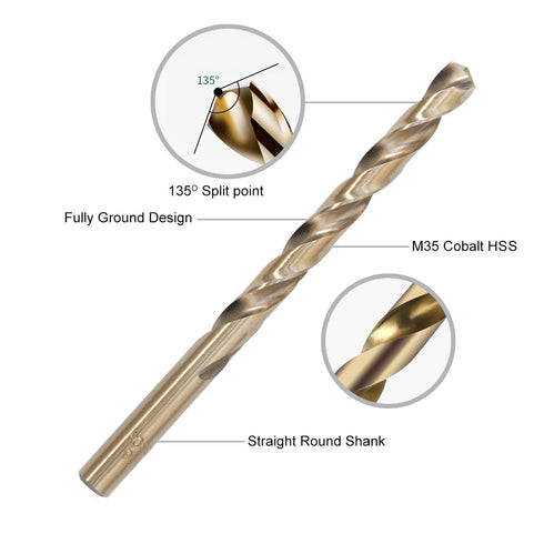 21Pcs Cobalt Drill Bits Set, M35 HSS, 135 Degree Tip, Twist Jobber Length for Hardened Metal, Cast Iron, Stainless