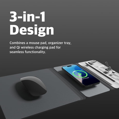 POUT H3 3-in-1 Split Max Wireless Charging Mouse Pad Fast Qi Charger, Mousepad Mat, and Magnetic Tray Organizer