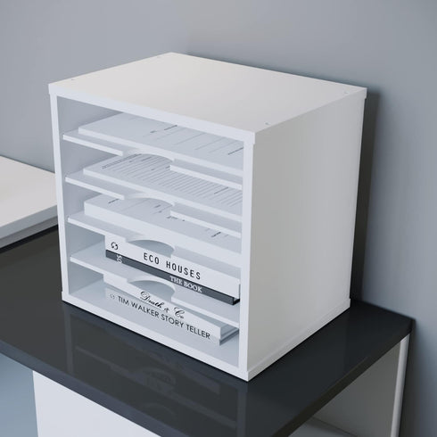 Ballucci File Organizer Paper Sorter, 5 Tier Adjustable Shelves Office Desk Organizer (White)