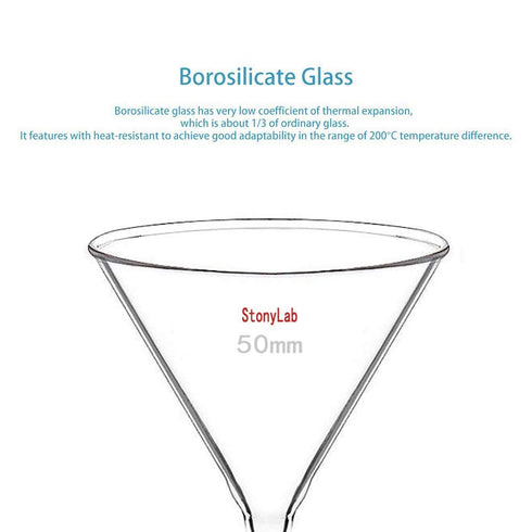 StonyLab 2-Pack Glass Heavy Wall Funnel, Borosilicate Glass Funnel, Short Stem 50mm Diameter