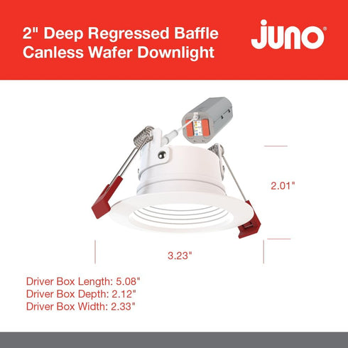 WF2 ALO25 SWW5 90CRI 120 M6 2-Inch, Juno Dreg B MW Canless Wafer Recessed LED Downlight, Deep Regressed Baffled Trim
