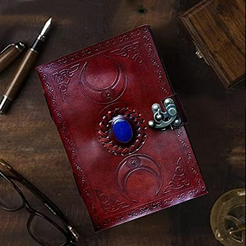 cuero 3 Moon Blue Lapiz Embossed Vintage Leather Journal, 240 Pages of Antique Handmade Paper, Great Gift (7x10 inch,