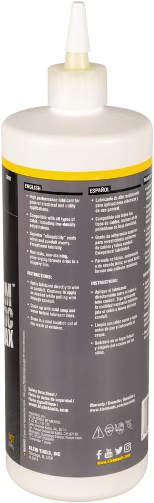 56117 1-Quart Klein Tools Wax Lubricant, Made in USA, Premium Synthetic Wax Wire and Cable Pulling Lubricant, Squeeze