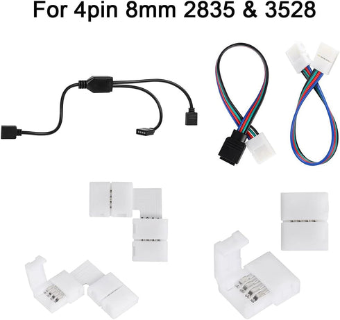 SUPERNIGHT 3528 2835 4 Pin 8mm LED Strip Connector Kit, RGB Rope Lights Gapless Solderless Clip, 32.8ft Extension Wire
